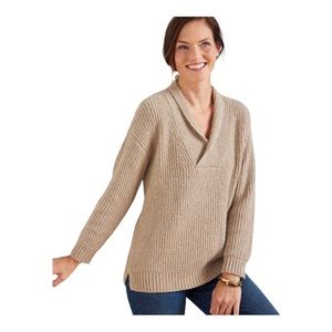 Talbots Ribbed Shawl Collar Wool Blend Knit Sweater Beige Tan‎ Size M